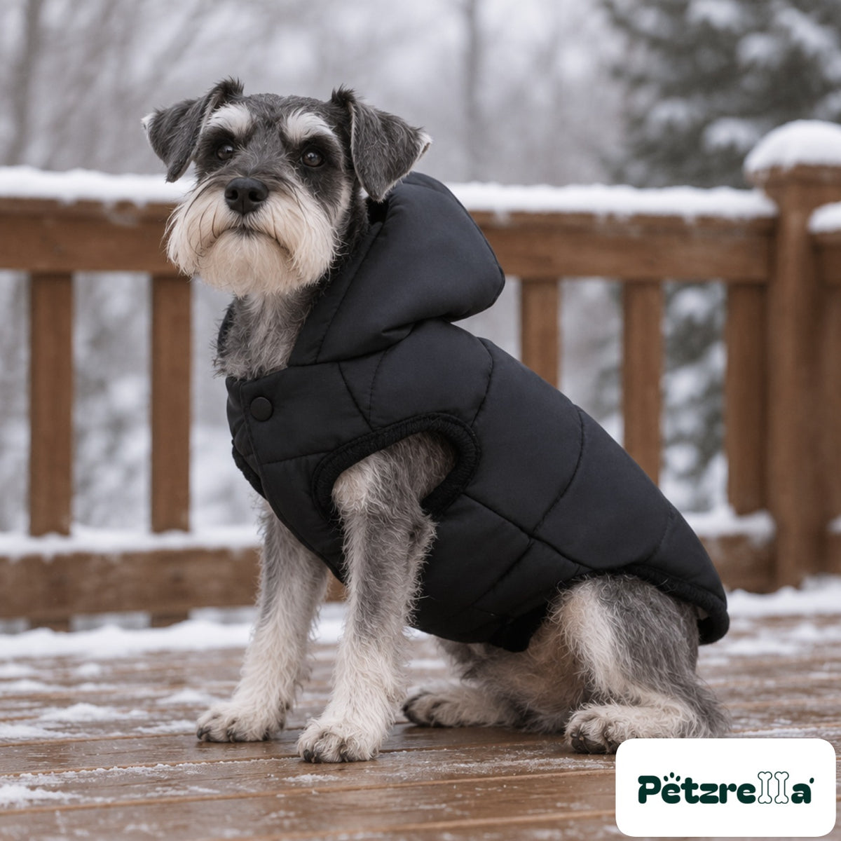 Petzrella Arctic Shield Puffer Jacket - Schnauzer on snowy veranda
