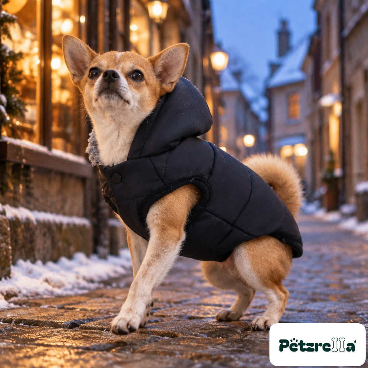 Petzrella Arctic Shield Puffer Jacket - Shiba Inu in cobblestone alley