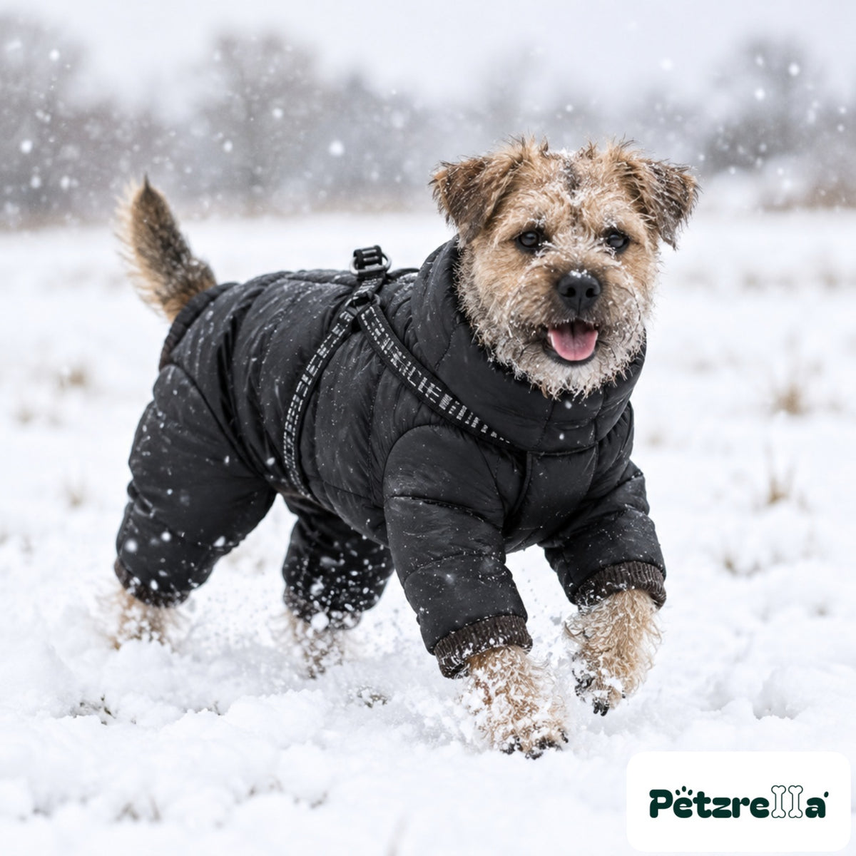 Petzrella Winter Dog Coat Snowsuit - Border Terrier in deep snow