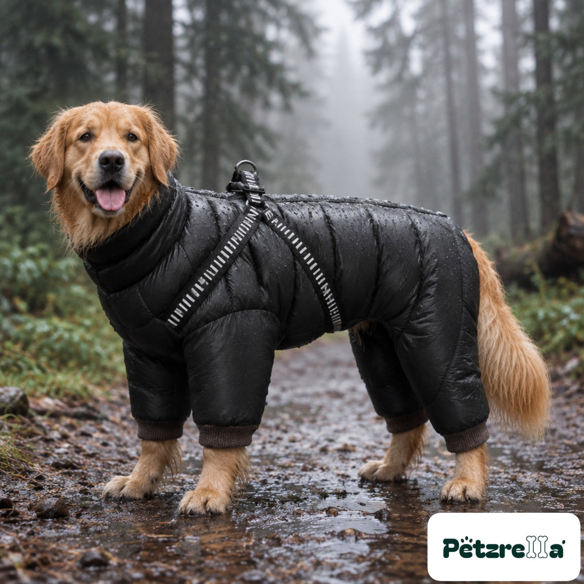 Petzrella Winter Dog Coat Snowsuit - Golden Retriever on wet forest track