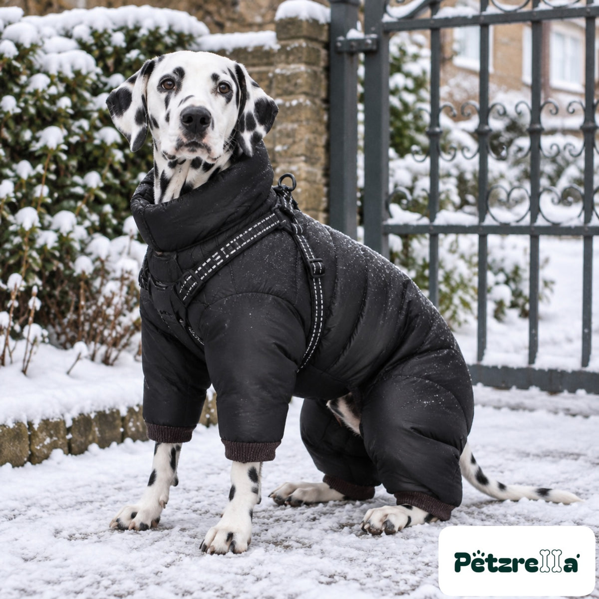 Petzrella Winter Dog Coat Snowsuit - Dalmatian on snowy pavement