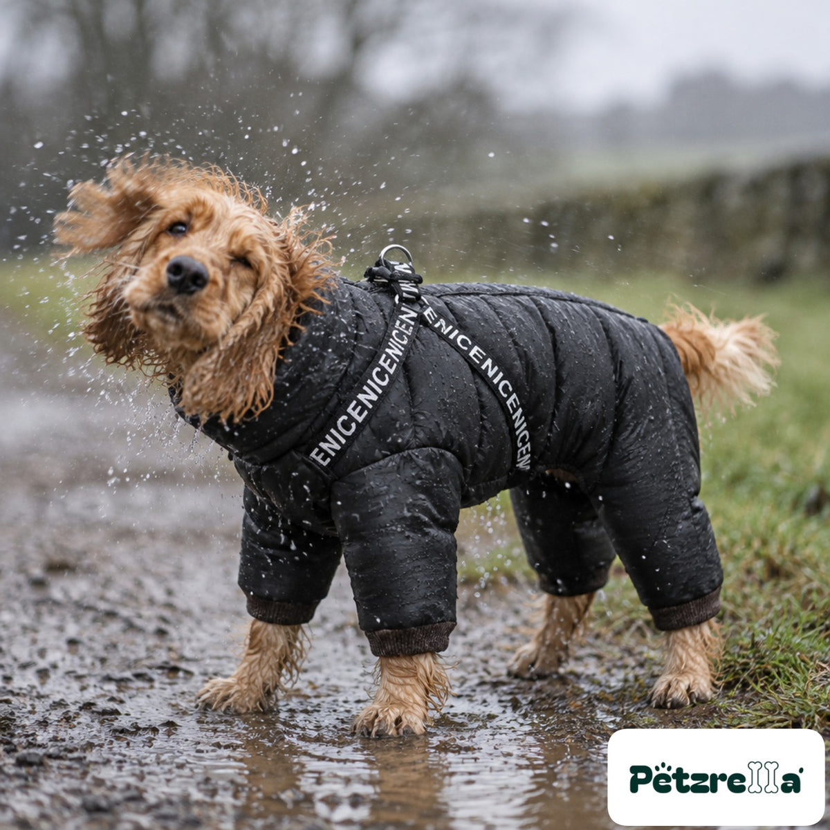 Petzrella Winter Dog Coat Snowsuit - Cocker Spaniel by a puddle