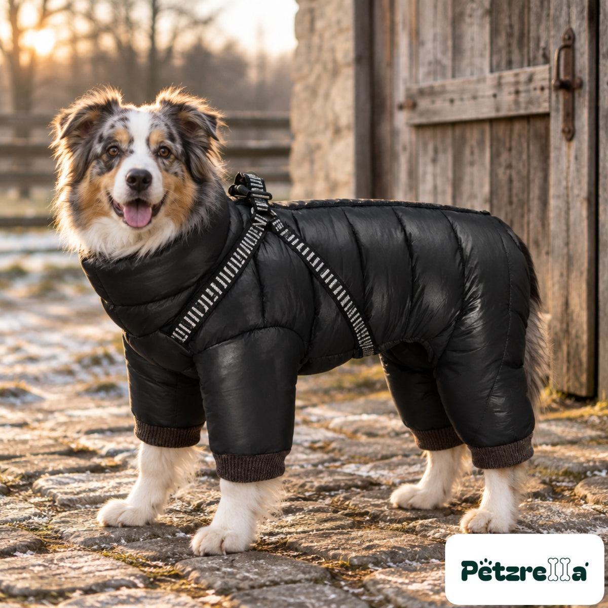 Petzrella Winter Dog Coat Snowsuit - Australian Shepherd in farmyard