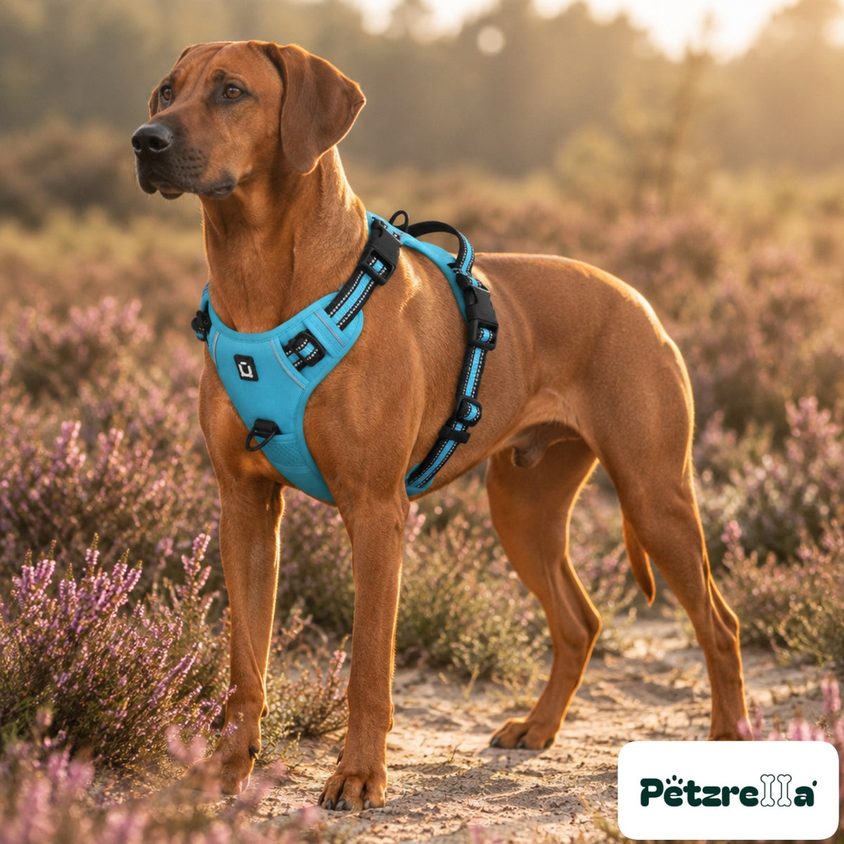 Petzrella Reflective No-Pull Dog Harness - Ridgeback on heath trail