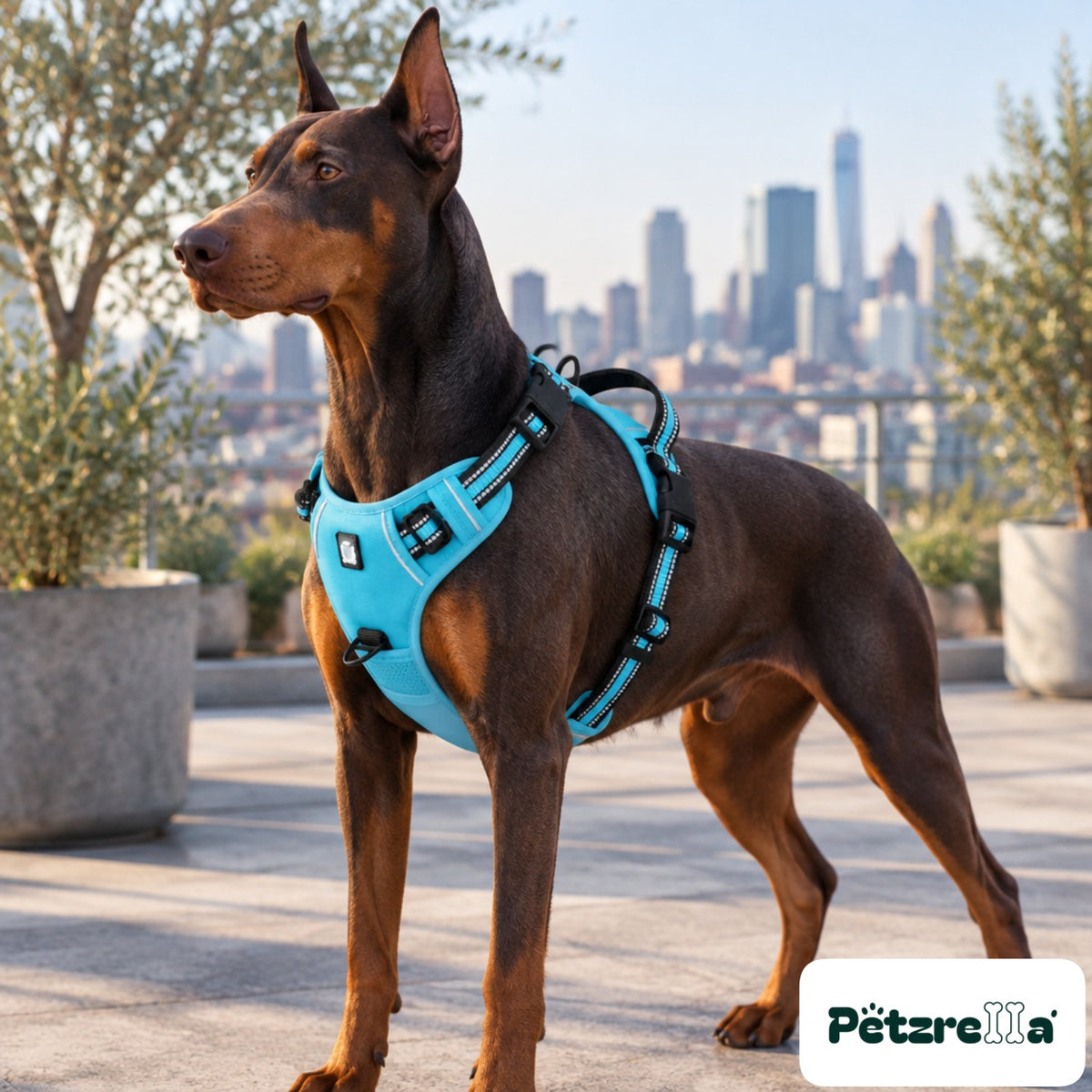 Petzrella Reflective No-Pull Dog Harness - Doberman on rooftop terrace