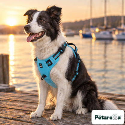 Petzrella Reflective No-Pull Dog Harness - Border Collie on wooden pier