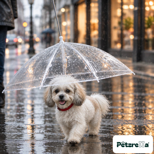 Petzrella Transparent Pet Umbrella - Shih Tzu on rainy pavement