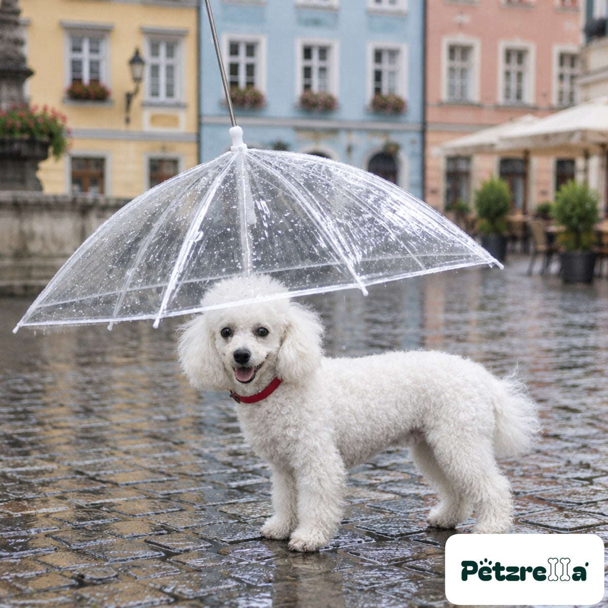 Petzrella Transparent Pet Umbrella - Westie on wet cobblestone square