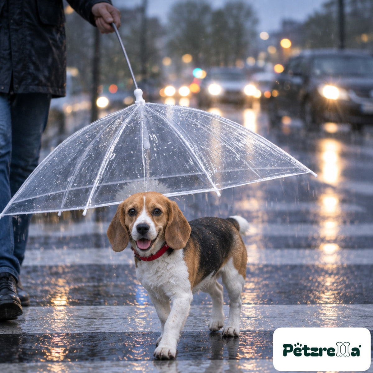 Petzrella Transparent Pet Umbrella - Beagle at rainy crossing