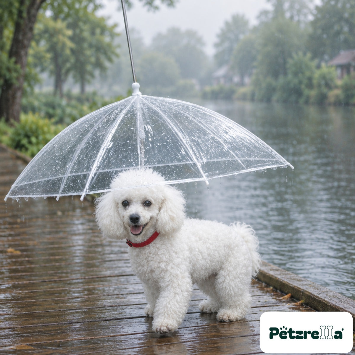 Petzrella Transparent Pet Umbrella - Bichon Frise on canal boardwalk