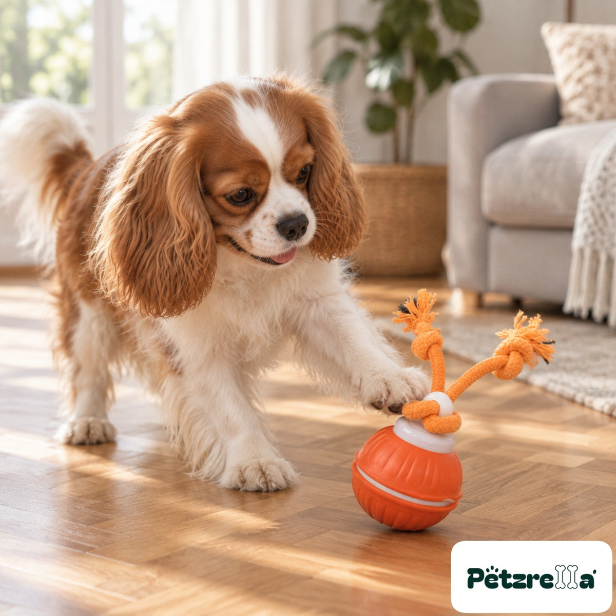 Petzrella Sonic-Play Smart Dog Ball - Cavalier Spaniel on parquet