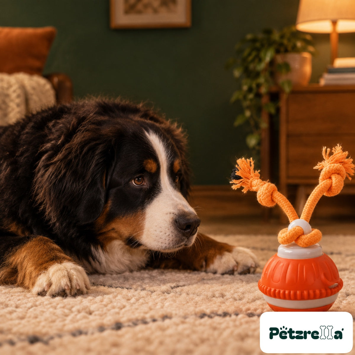 Petzrella Sonic-Play Smart Dog Ball - Bernese Mountain Dog on wool rug