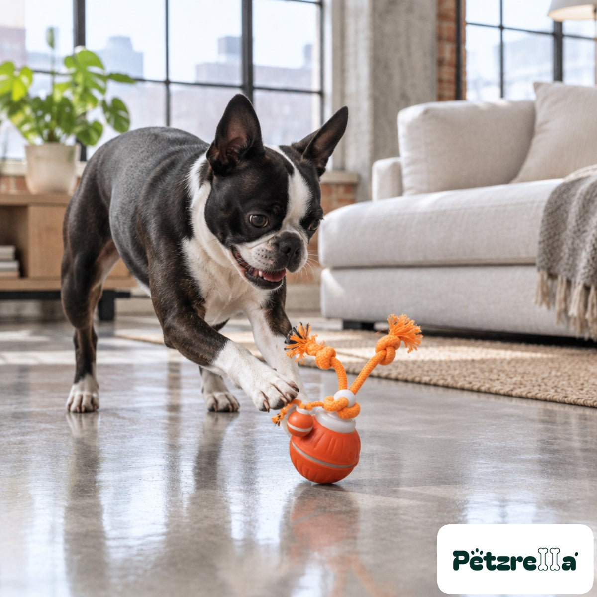 Petzrella Sonic-Play Smart Dog Ball - Boston Terrier in loft
