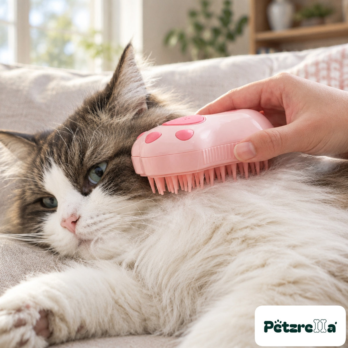 Petzrella Steam-Soothe Cat Steam Brush - Norwegian Forest cat on sofa