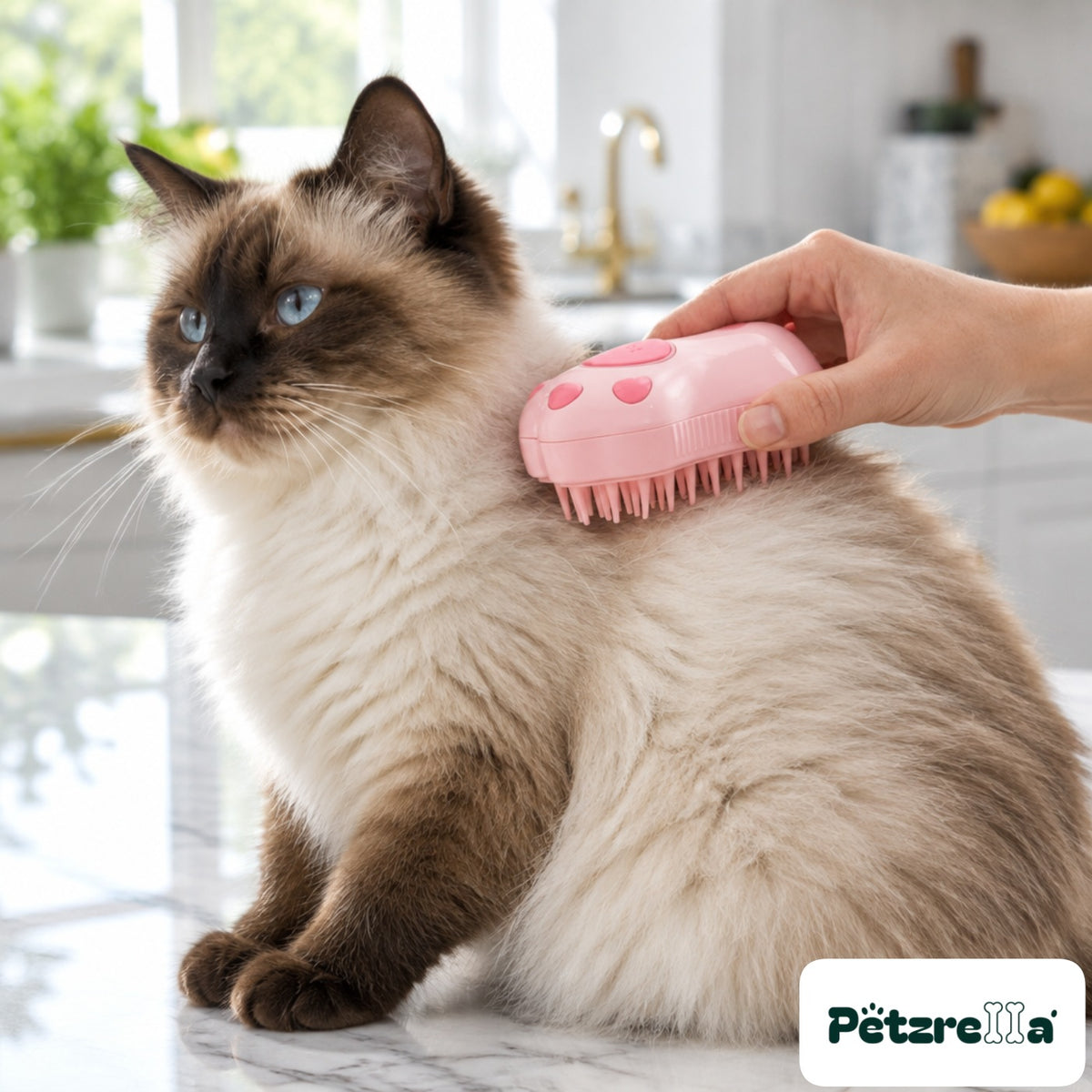 Petzrella Steam-Soothe Cat Steam Brush - Siamese cat on marble island