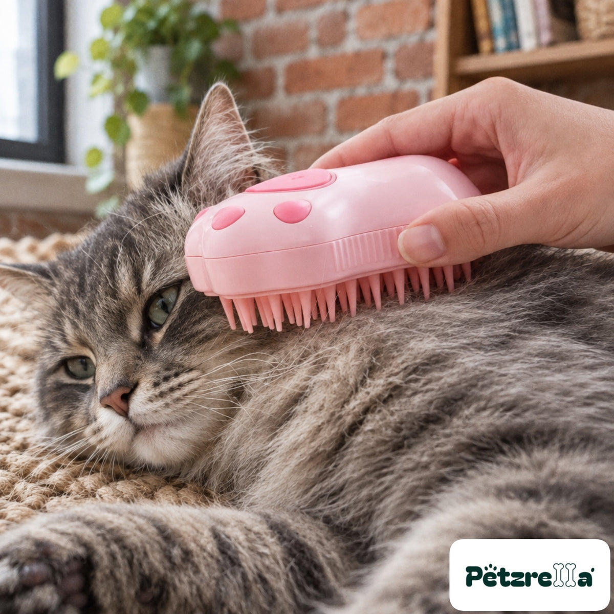 Petzrella Steam-Soothe Cat Steam Brush - grey tabby on jute rug