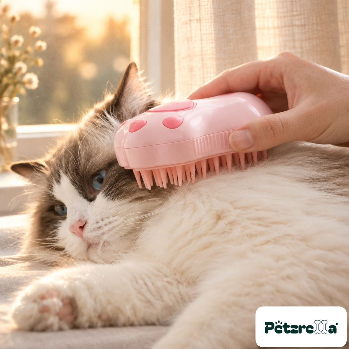 Petzrella Steam-Soothe Cat Steam Brush - Ragdoll cat on windowsill