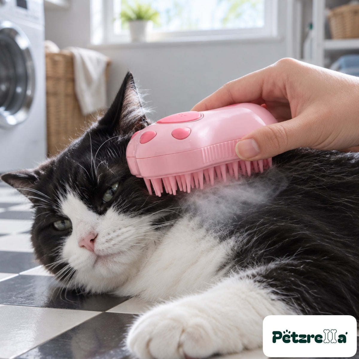 Petzrella Steam-Soothe Cat Steam Brush - tuxedo cat on tiled floor