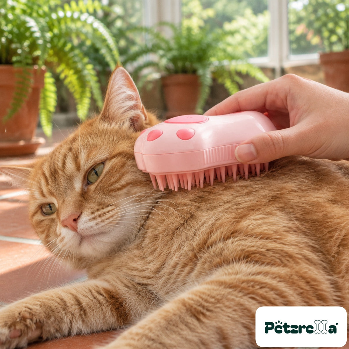 Petzrella Steam-Soothe Cat Steam Brush - orange tabby in conservatory