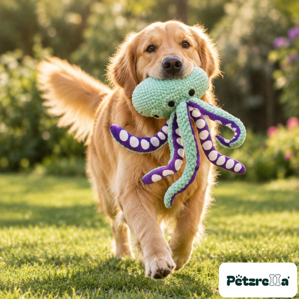 Petzrella OctoSqueak Dog Toy - Golden Retriever on sunlit lawn