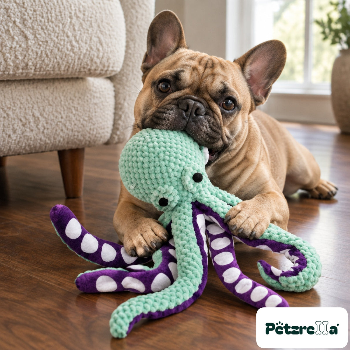 Petzrella OctoSqueak Dog Toy - French Bulldog on walnut floor