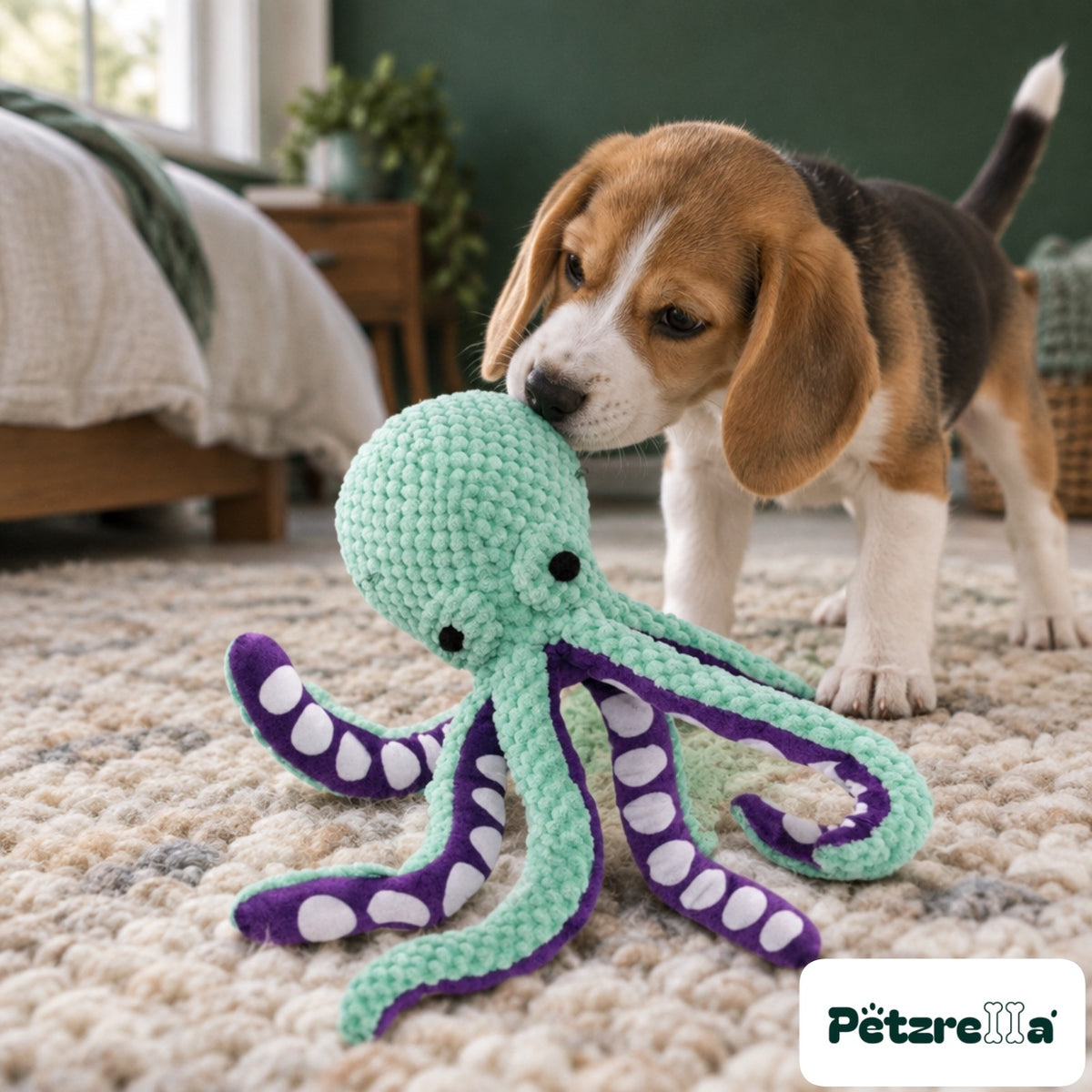 Petzrella OctoSqueak Dog Toy - Beagle puppy on wool rug