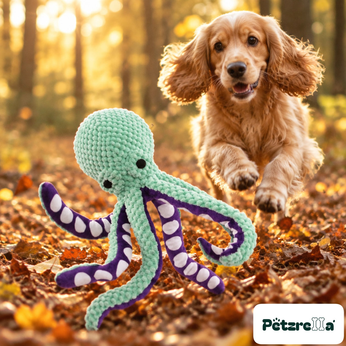 Petzrella OctoSqueak Dog Toy - Cocker Spaniel in forest clearing