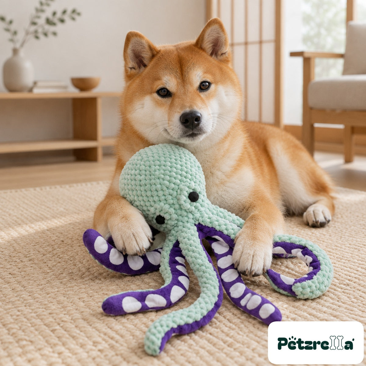Petzrella OctoSqueak Dog Toy - Shiba Inu on sisal mat