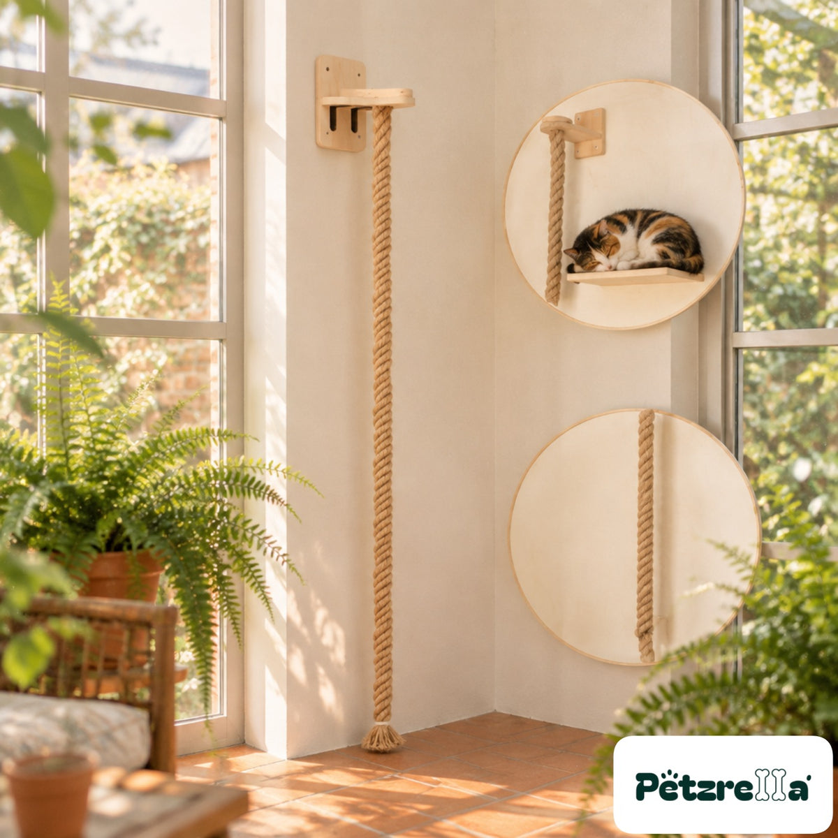 Petzrella Cat Climbing Playground - calico cat asleep in cubby