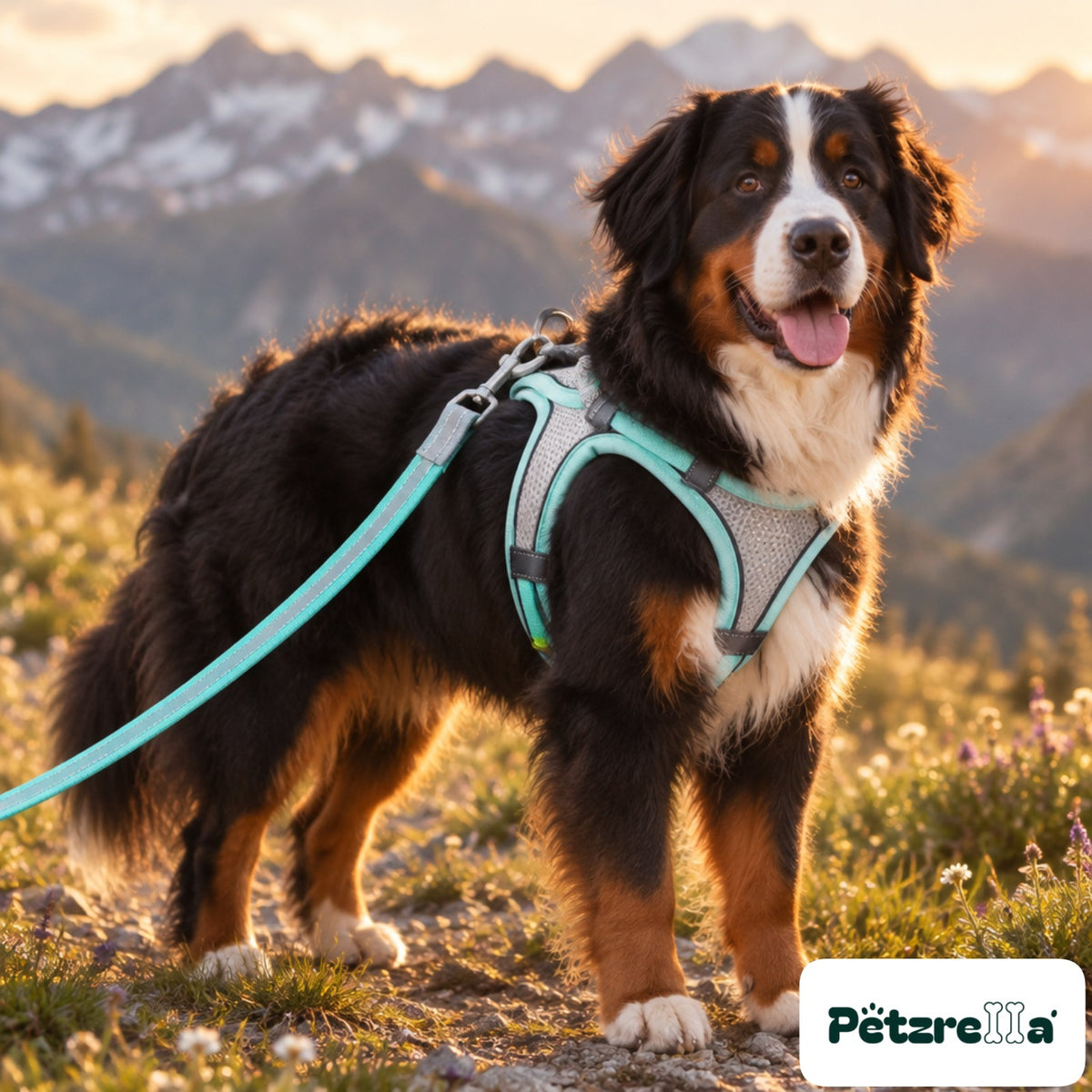 Petzrella Reflective Padded Harness Set - Bernese Mountain Dog on alpine path