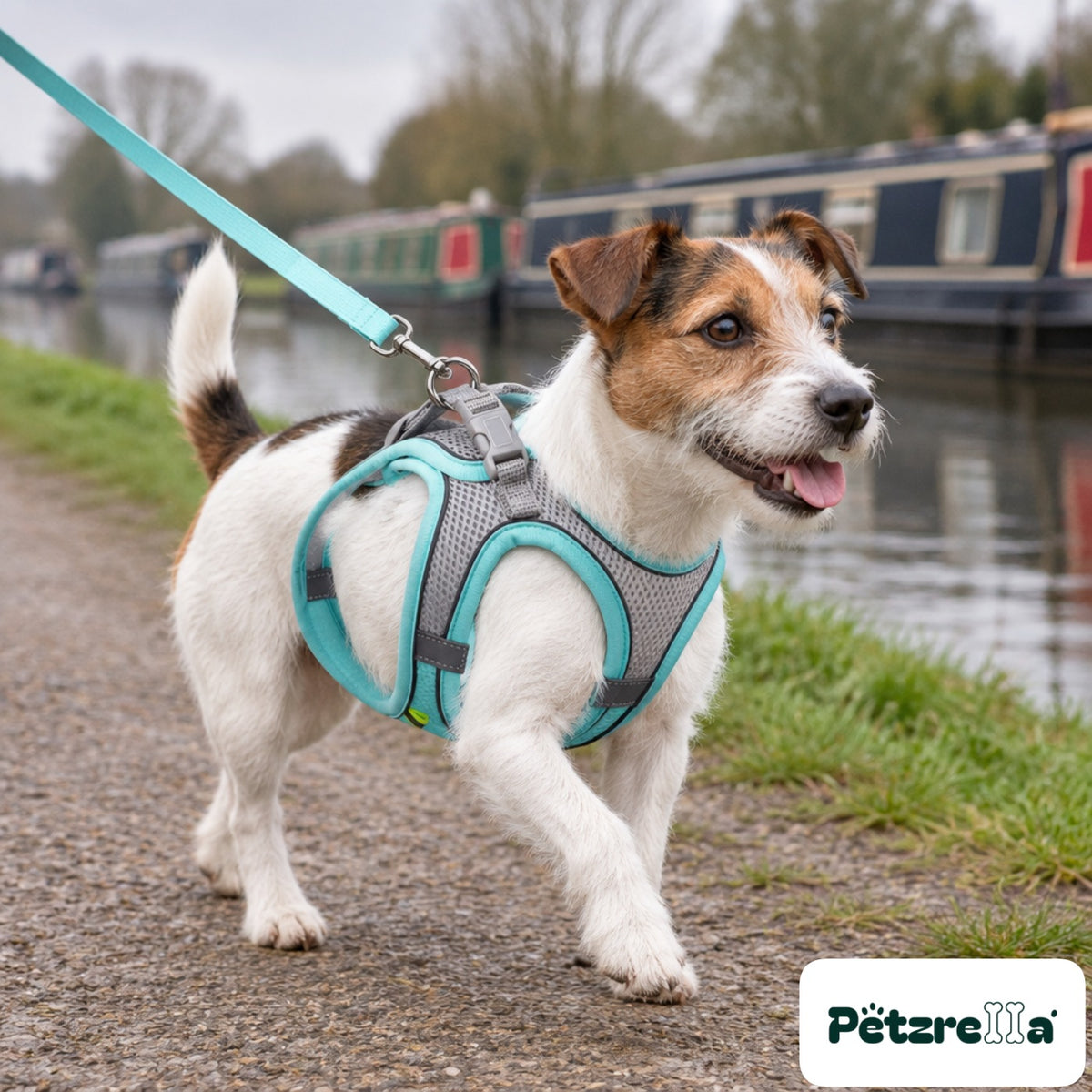 Petzrella Reflective Padded Harness Set - Jack Russell on canal towpath