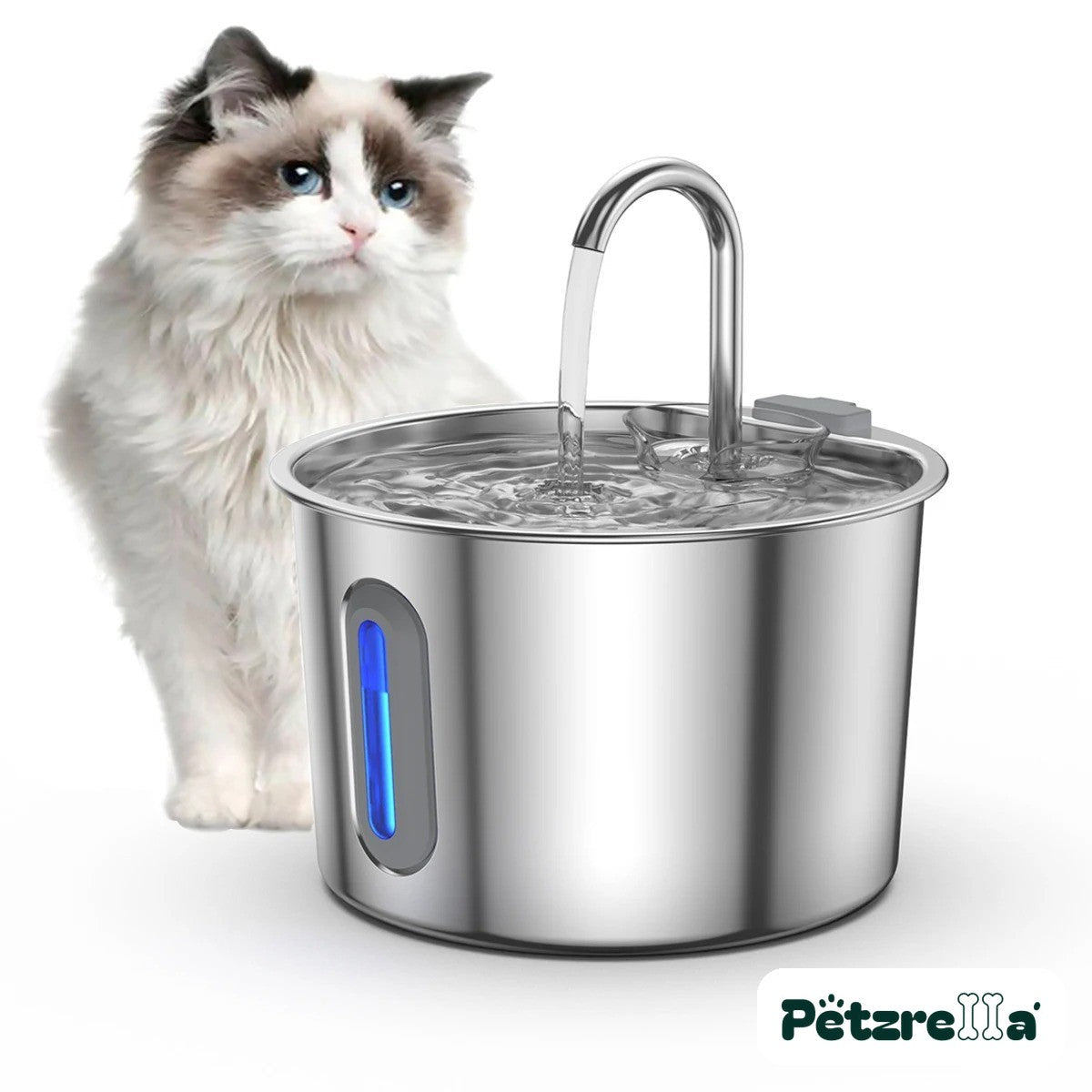 Petzrella 2.2L stainless steel cat water fountain with cat