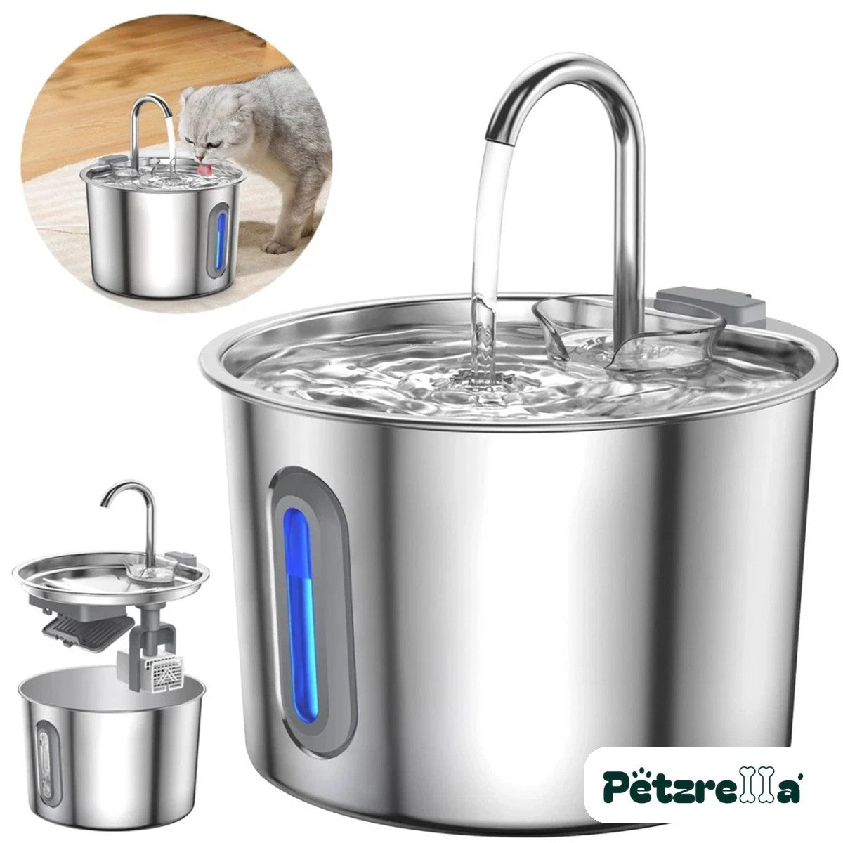 Petzrella 2.2L stainless steel cat water fountain parts and cat drinking