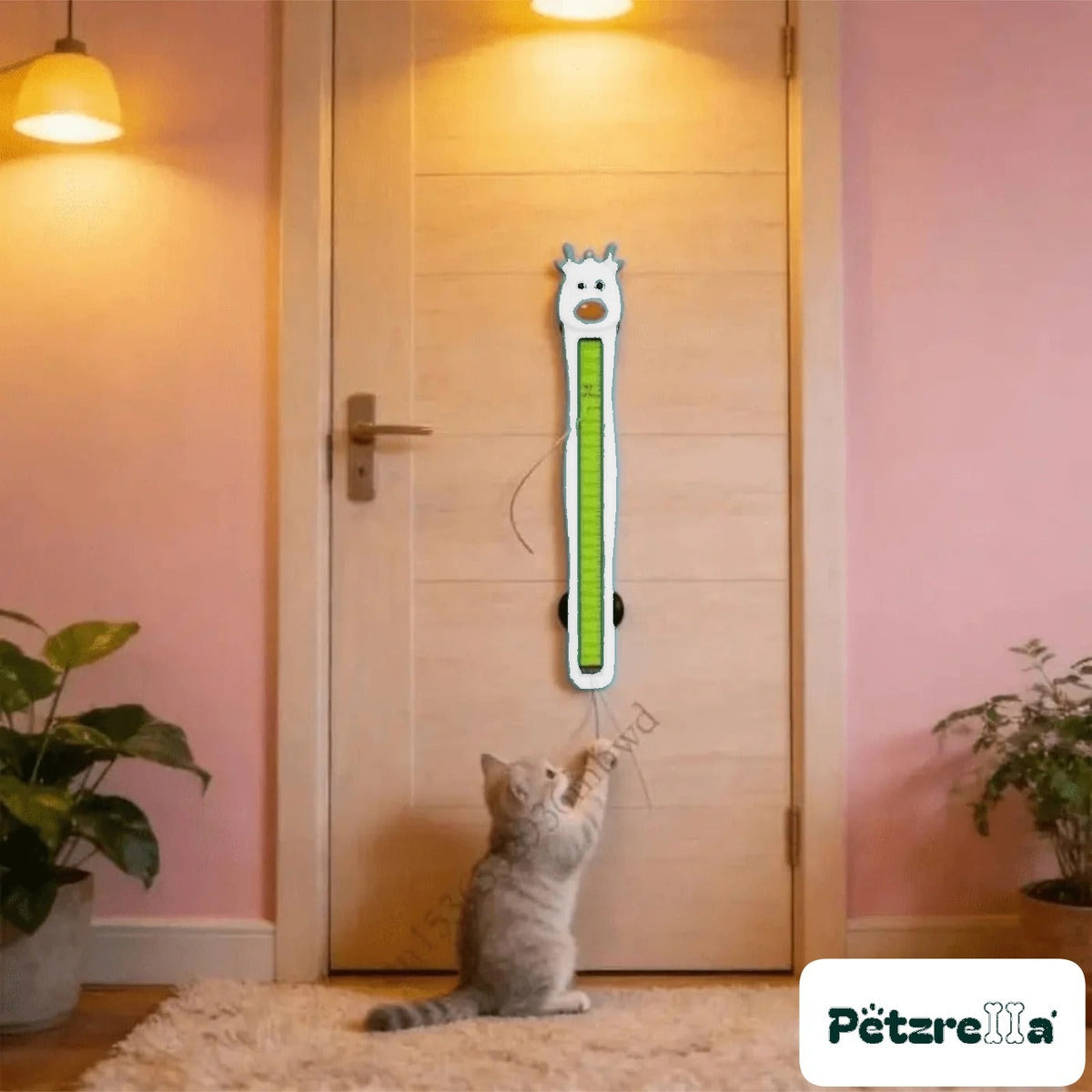 Petzrella Auto Cat Teaser – self-rotating feather wand in white