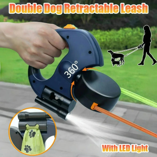 Petzrella Auto-Retractable Double Dog Leash 3M with LED Light & Waste Bag Dispenser - Petzrella Kft.