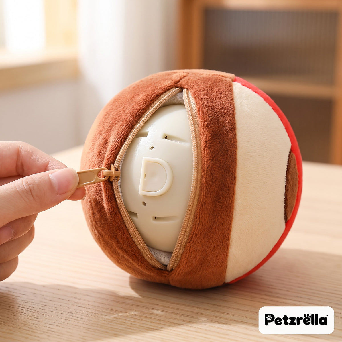 Petzrella bouncing dog toy close-up: hand opening the back zipper to remove the washable cover