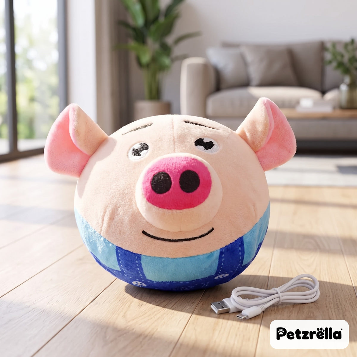 Petzrella USB rechargeable bouncing dog toy, Blue Pig, on a wooden floor with charging cable