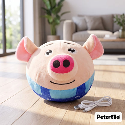 Petzrella USB rechargeable bouncing dog toy, Blue Pig, on a wooden floor with charging cable