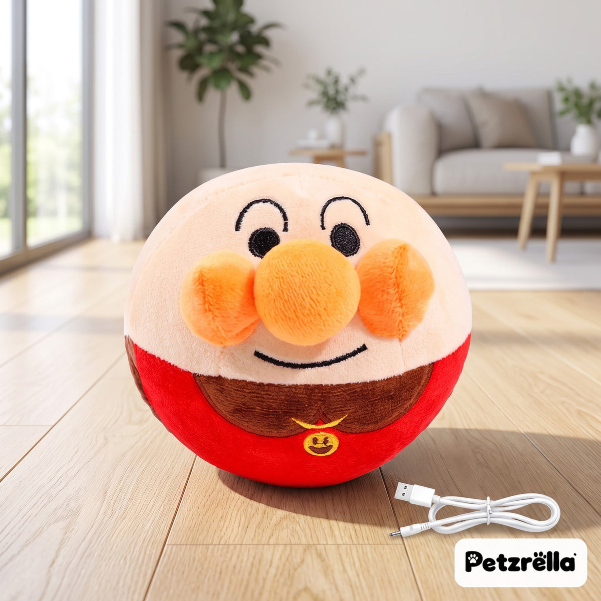 Petzrella USB rechargeable bouncing dog toy, Bread character, on a wooden floor with charging cable