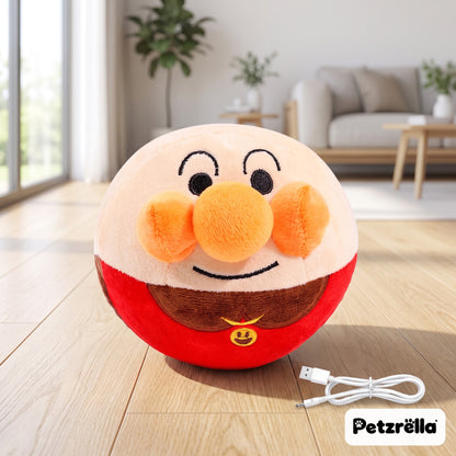 Petzrella USB rechargeable bouncing dog toy, Bread character, on a wooden floor with charging cable