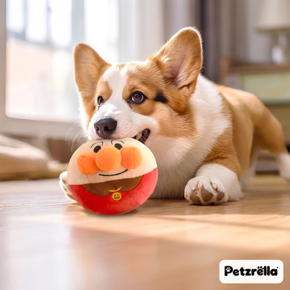 Petzrella electric bouncing dog toy held by a corgi on a sunny wooden living room floor