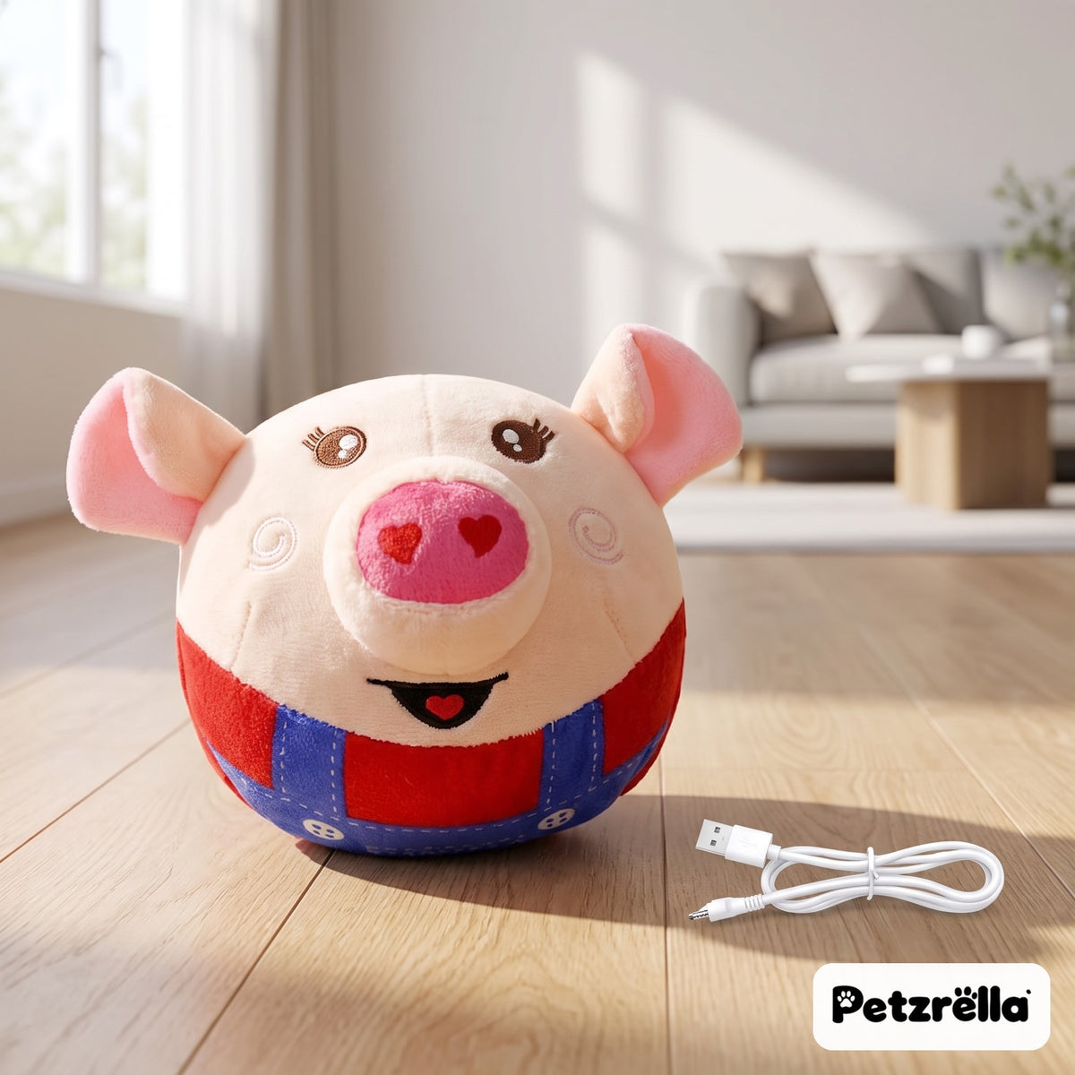 Petzrella USB rechargeable bouncing dog toy, Red Pig, on a wooden floor with charging cable