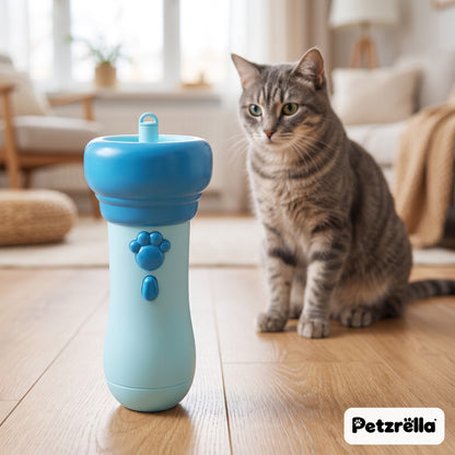 Petzrella interactive cat ball launcher in sky blue on a wooden floor with a tabby cat