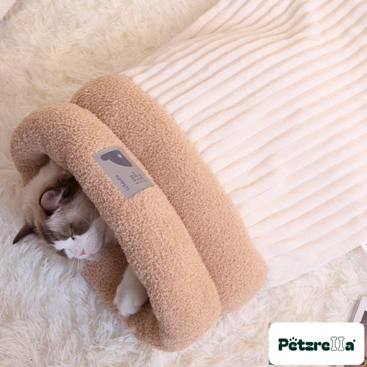 Petzrella Plush Cat Cave Bed – White/Beige
