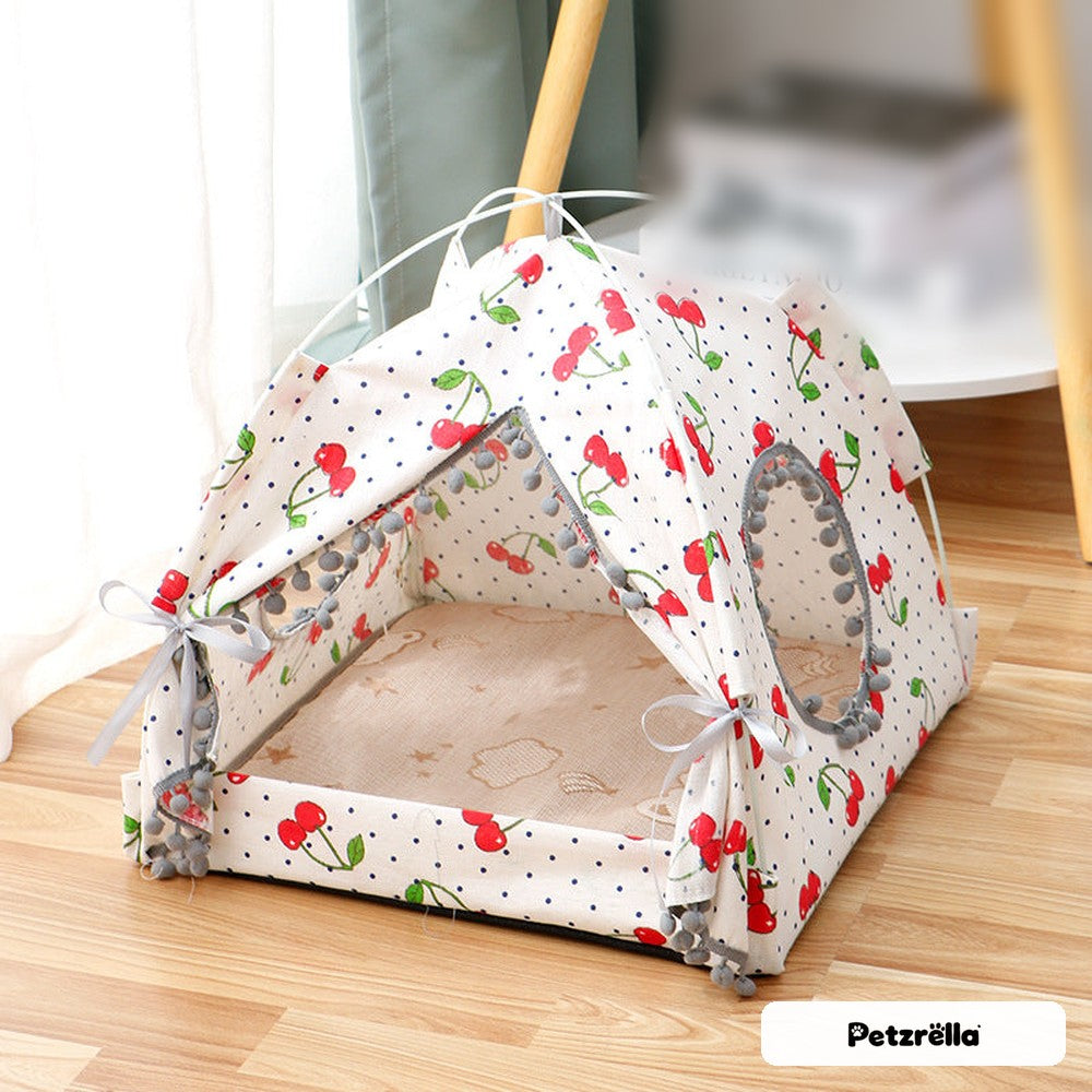 Petzrella cat tent bed with cherry pattern, front view