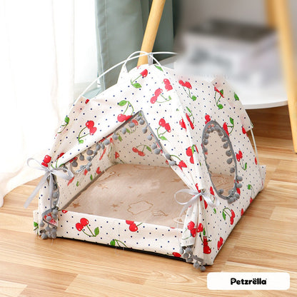 Petzrella cat tent bed with cherry pattern, front view