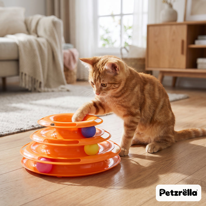 Petzrella Cat Toy Tower – 3-Level Track with Rolling Balls