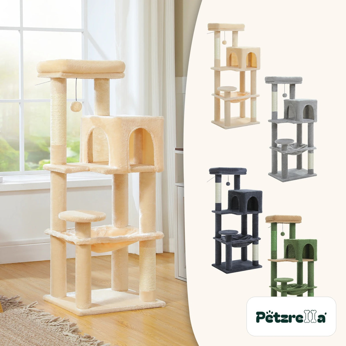 Petzrella cat tree 113 cm with 5 levels in beige, light grey, dark grey and green