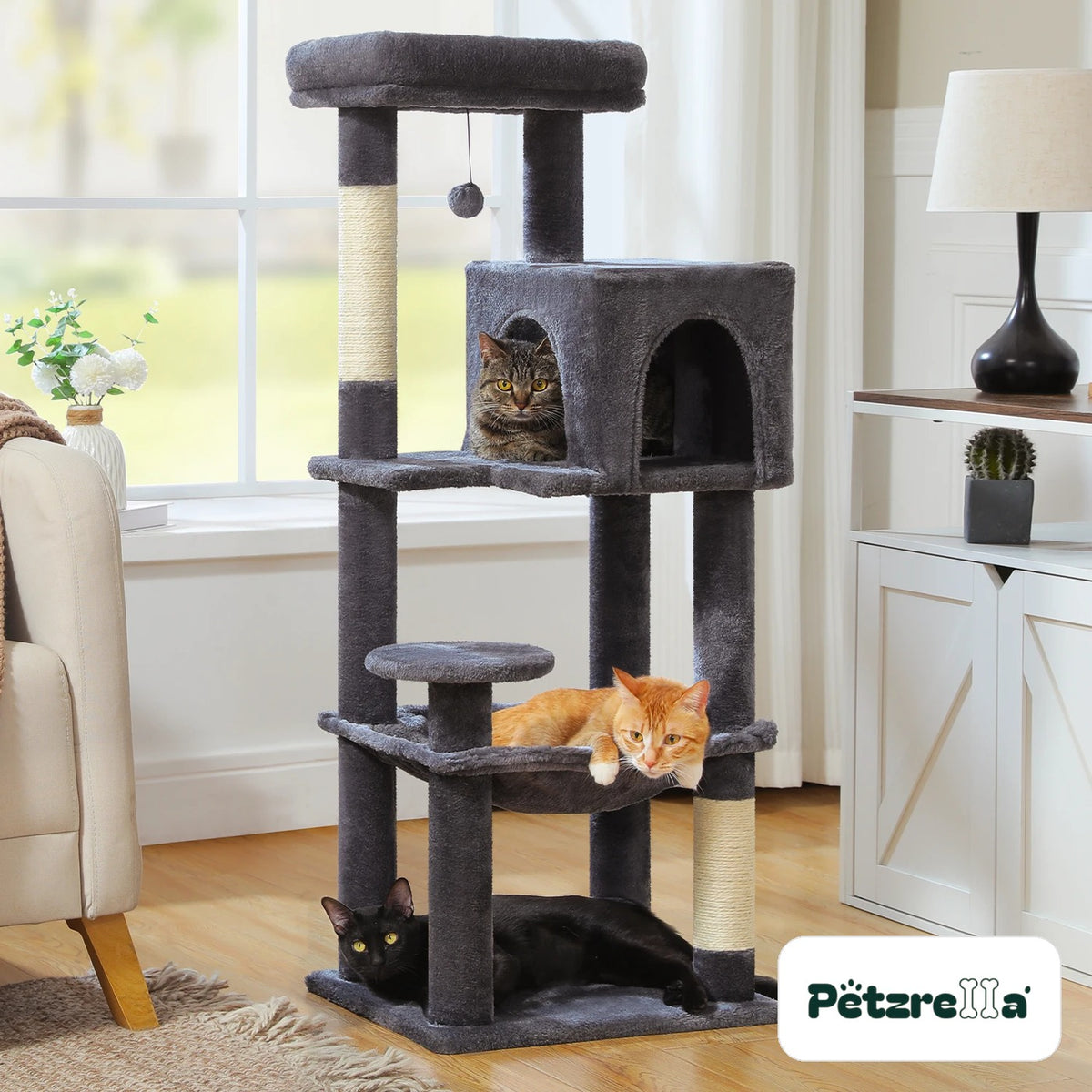 Petzrella cat tree 113 cm dark grey with condo and hammock in a living room