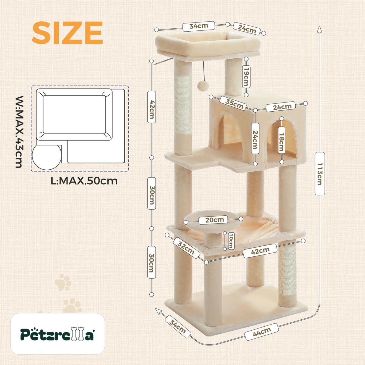 Petzrella cat tree 113 cm dimensions – base 44 x 34 cm, condo 35 x 24 cm